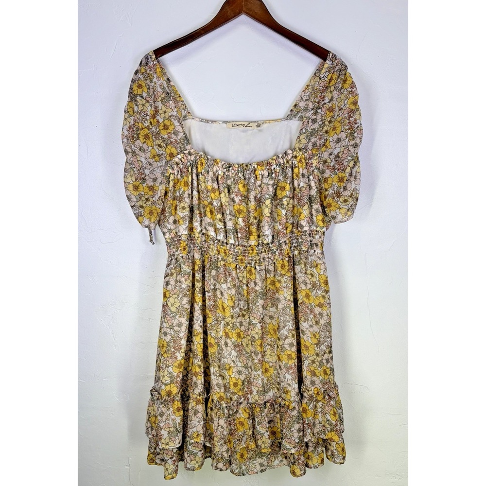 Liberty Love Woman's Peasant Dress Size 1XL Yellow Ditsy Floral Boho Cottagecore